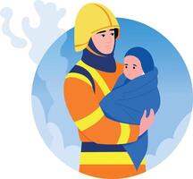 A flat style illustration showing fireman carrying child vector