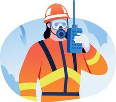 A flat style illustration showing a fireman doing emergency calling vector