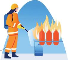 A flat style showing a fireman spraying illustrations vector