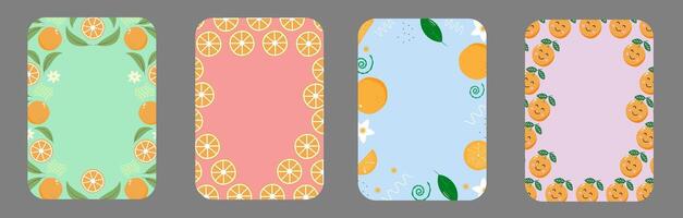 Fruit frame set. Round wreath, border of fruits. Four colorful banners with oranges and lemons vector