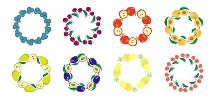 Fruit frame set. Round wreath, border of fruits. Various fruit and vegetables in a circle vector