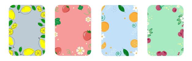 Fruit frame set. Round wreath, border of fruits. Four colorful fruit and vegetable themed bookmarks vector