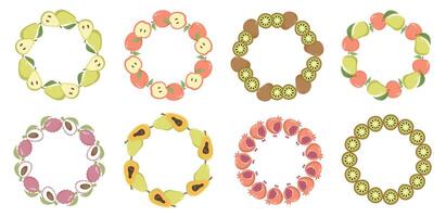 Fruit frame set. Round wreath, border of fruits. Set of fruit wreaths in various colors vector