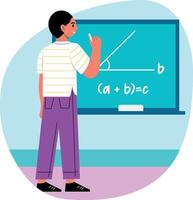 Math student solving equation on board, flat illustration vector