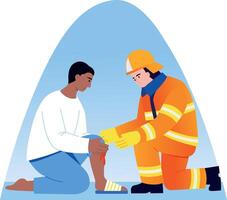 A flat style illustration showing a fireman giving first aid vector