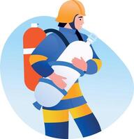 A flat style illustration of a fireman carrying oxygen vector