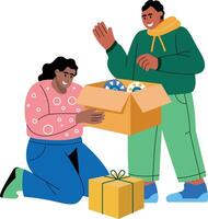 Influencers unboxing package with happy faces, flat illustration vector