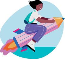 Student sitting on a flying pencil showing learning fun, flat illustration vector