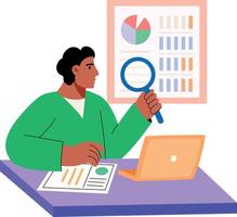 A flat illustration showing analyst reviewing data with magnifier vector