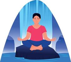 A character taking waterfall meditation, flat illustration vector