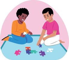 Two children solving puzzle illustration in flat style vector