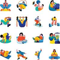 Set of 16 Gym Characters Flat Style Illustrations vector