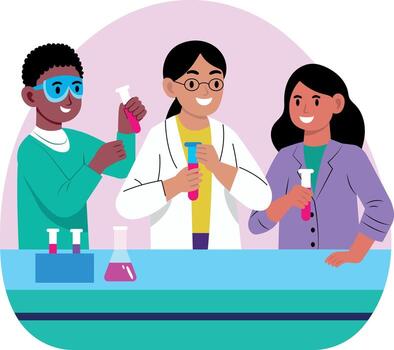 plano ilustración demostración laboratorio estudiantes haciendo un Ciencias experimentar vector