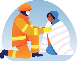 A flat style illustration showing a fireman giving blanket wrap vector