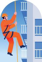 A flat style illustration of showing a fireman helping with rope rescue vector