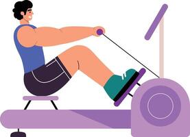 A flat style illustration showing a character doing rowing machine exercise vector