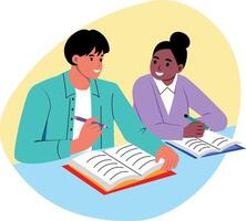 A flat style illustration of two classmates studying together vector