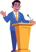 A flat style illustration of podium speaker giving speech vector