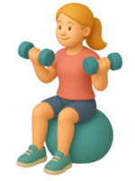 A woman sitting on a ball with two dumbbells png