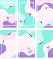 Summer girl and sailboat, creative concept of a bright and juicy summer card set. Modern abstract art design with fluid shapes with overlay effect. Templates for celebrations. vector