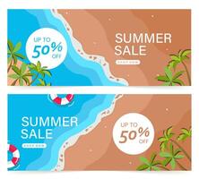 Hello summer discount promotion label Top view of sunny beach with ocean waves, inflatable rings, coconut trees. illustration in flat style. vector