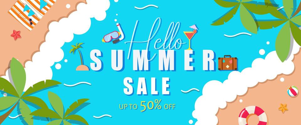 Creative summer sale banner in trendy bright colors with summer beach waves background for media, cover, post