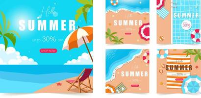 Set of summer social media post template with space for text. for poster, invitation and cover with tropical leaves, shapes and textures vector