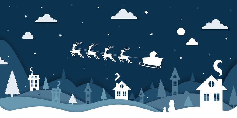 Christmas paper cut background design. Merry Christmas and happy new year greeting text with deer, paper cut pine tree and clouds decoration elements. illustration