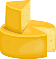 Cartoon depiction of a wheel of swiss cheese and a wedge on top. png