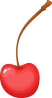 Illustration of a bright red cherry with a long brown stem. png