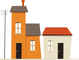 Two cartoon houses stand side-by-side, one taller and orange with a chimney, the other smaller and white with a red roof. An electrical pole stands. png