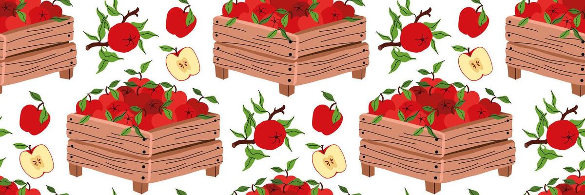 Wooden box full of red apples seamless pattern. Green leaves, fresh harvest, farm, organic food themes. Flat illustration for packaging, branding, or seasonal market.