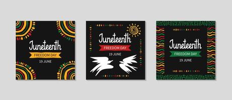 Juneteenth celebration cards set. Greeting square post background for Social media. Simple background with abstract geometric ornament, birds of freedom, African pattern. flat illustration. vector