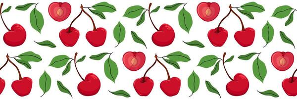 Seamless pattern with cherry, whole and one sliced in half showing pit. Spring garden background. Perfect for textile, menu, packaging, kitchen design. Cartoon illustration. vector