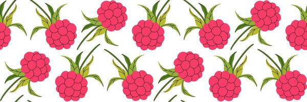 Pink raspberry seamless pattern on white background. Spring garden background. Summer berry menu, cold drinks. Perfect for textile, menu, packaging, kitchen design. Flat illustration. vector