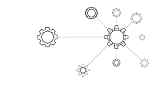 Black contours of white cogwheels of different types are connected to each other by broken lines on a transparent layer png