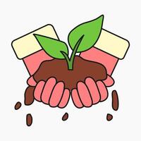 Two hands in red gloves holding soil and plant in colorful cartoon style vector