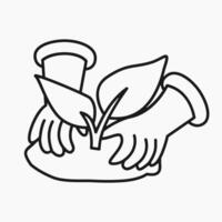 Line art of two hands planting tree in soil for ecology and reforestation themes vector