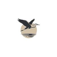 Bird flying over water with a sun in the background logo design vector