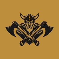 Viking warrior with axes logo design on a gold background vector