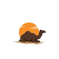 Camel laying down in the desert with the sun in the background logo design vector