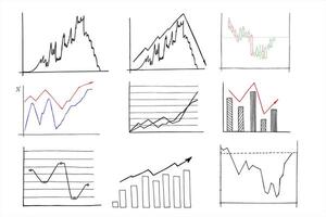 Analytical graphic chart with trend lines, columns set hand drawn ink sketch. Change in time of election results or income, plans. illustration for business data presentation, election results. vector