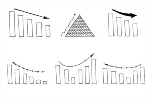 Set of bar charts with ascending or descending columns and dynamic arrows indicating growth or decline line art sketch. Monochrome illustration for finance, marketing, and business analytics vector