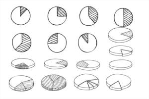 Hand drawn set of pie charts with segmented sections in different proportions isolated illustration. Business data distribution with slices painted in black ink. For infographics, presentations vector