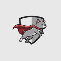 Dog with a red cape flying over a two toned shield logo design vector