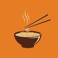 Noodles with chopsticks in a bowl logo design on an orange background vector