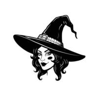 Black and white logo design of a witch with a hat vector