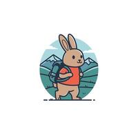 Rabbit with a backpack is walking in the mountains logo design vector