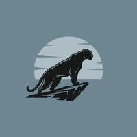 Black panther standing on a rock in front of a full moon logo design vector