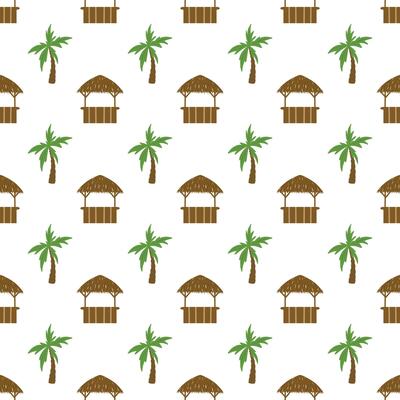 Summer beach bar with palm trees seamless pattern, tropical landscape pattern on a white background
